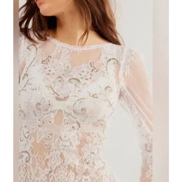 NWT $168 FREE PEOPLE Ready To Party Bodysuit White Embellished Lace Mesh Sheer S - Picture 4 of 9
